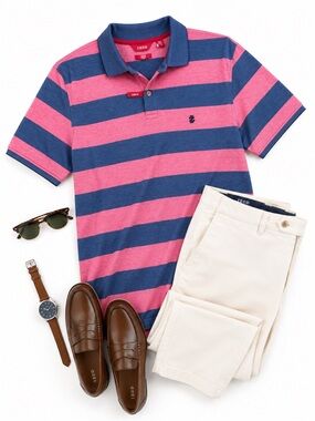 Izod Navy and Dusty Red(Pinkish) Wide-Stripe Polo Shirt-NEW WITH TAGS